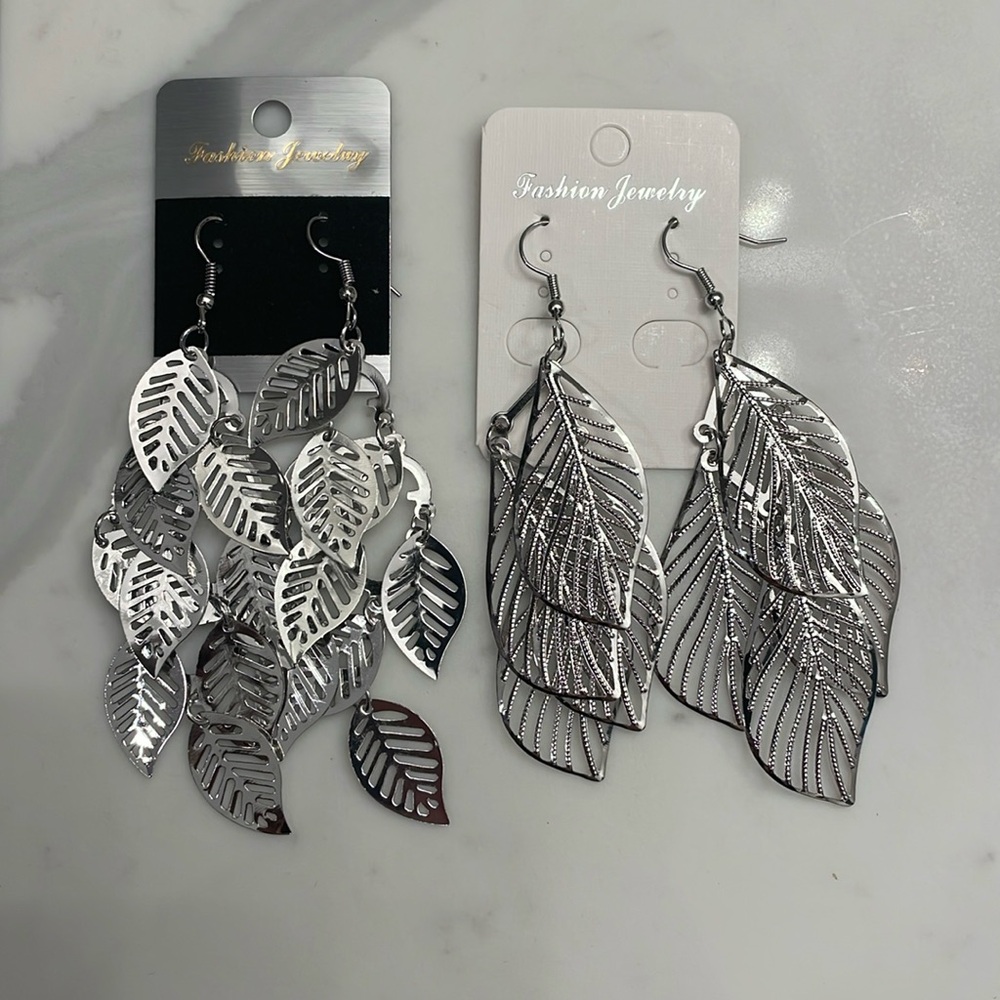 Silver Leaf Earrings Set